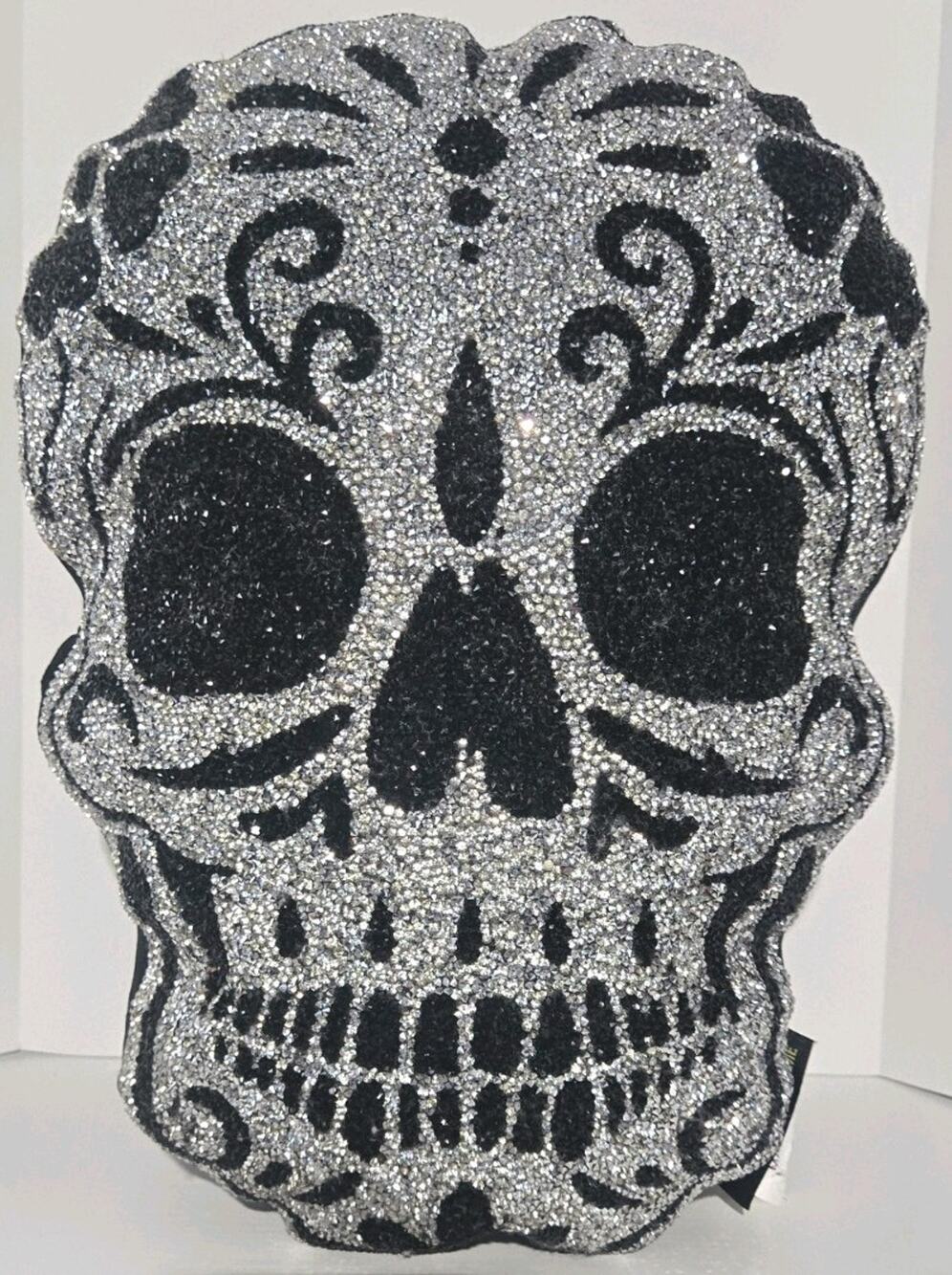 Sparkle Home Black & Silver Rhinestone Skull Throw Pillow Glam Gothic Halloween
